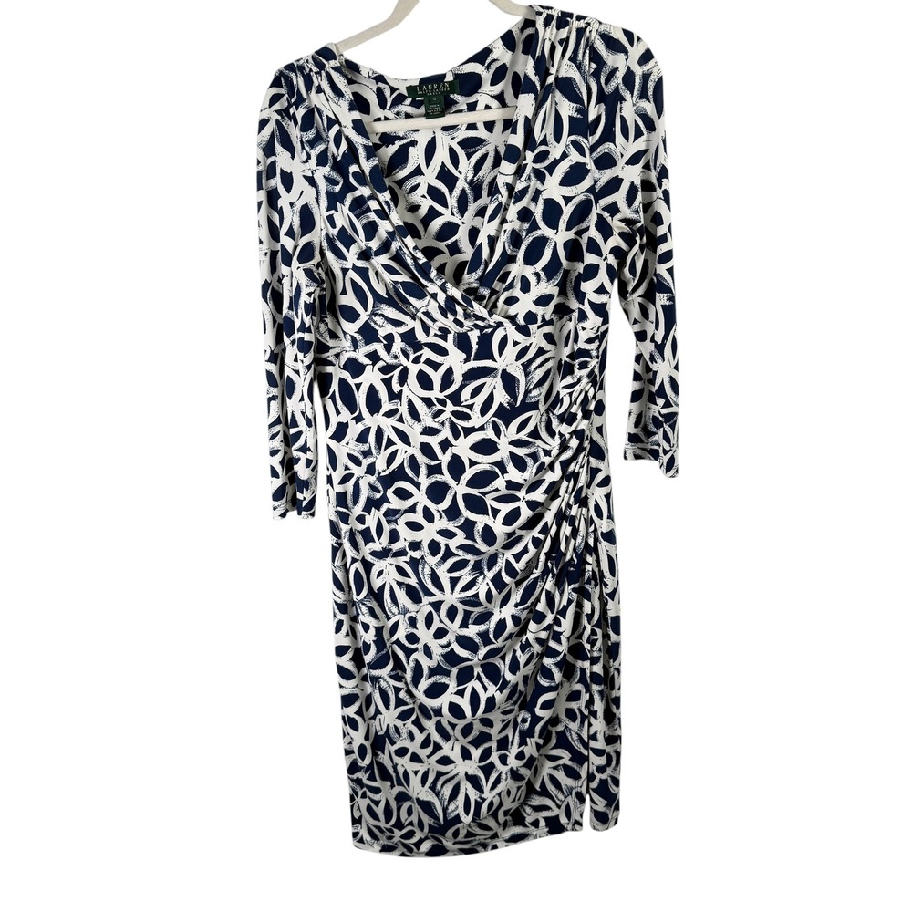 Lauren Ralph Lauren Navy Blue White Geometric Faux Wrap Midi Dress Womens 12 - Picture 2 of 9